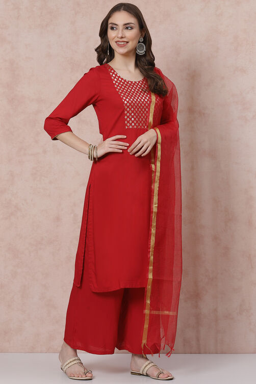 Red Solid Straight Suit Set image number 0